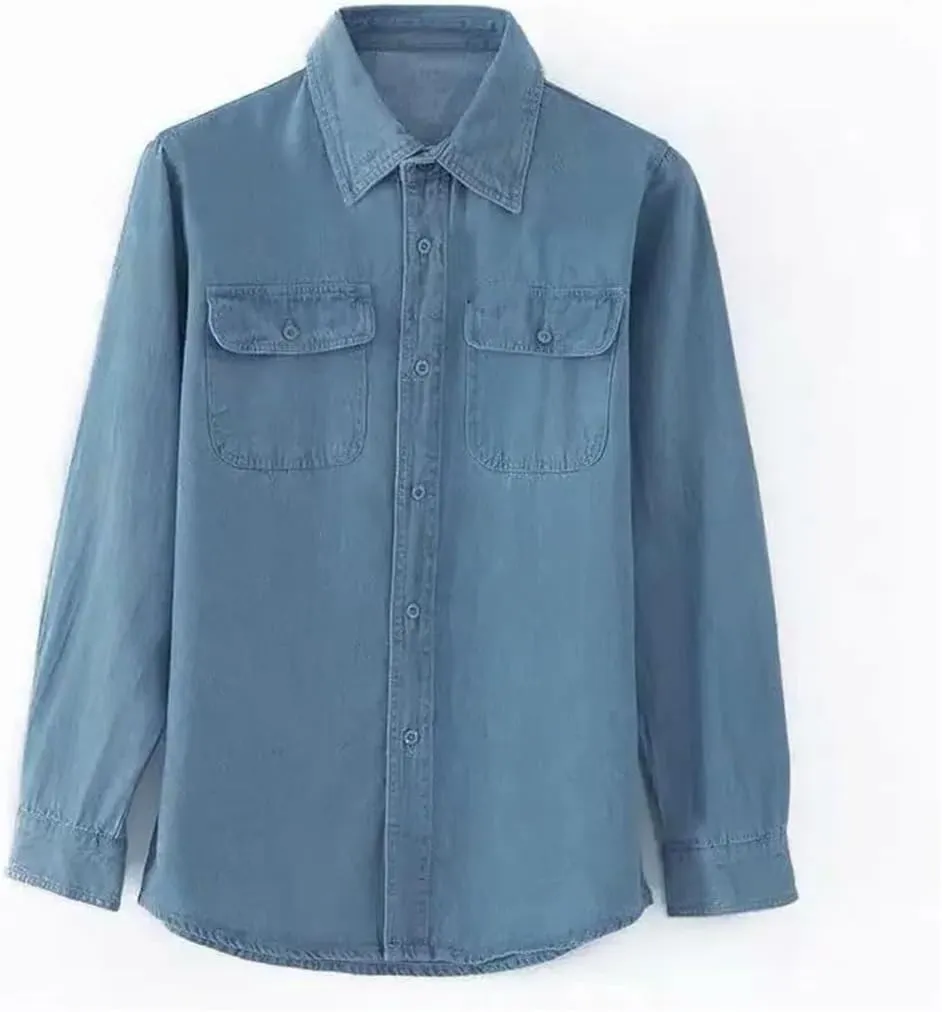 Mens Loose Casual Long Sleeve Denim Shirt Vintage Washed Office Work Button Down Jean Shirt