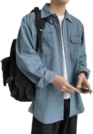 Mens Loose Casual Long Sleeve Denim Shirt Vintage Washed Office Work Button Down Jean Shirt