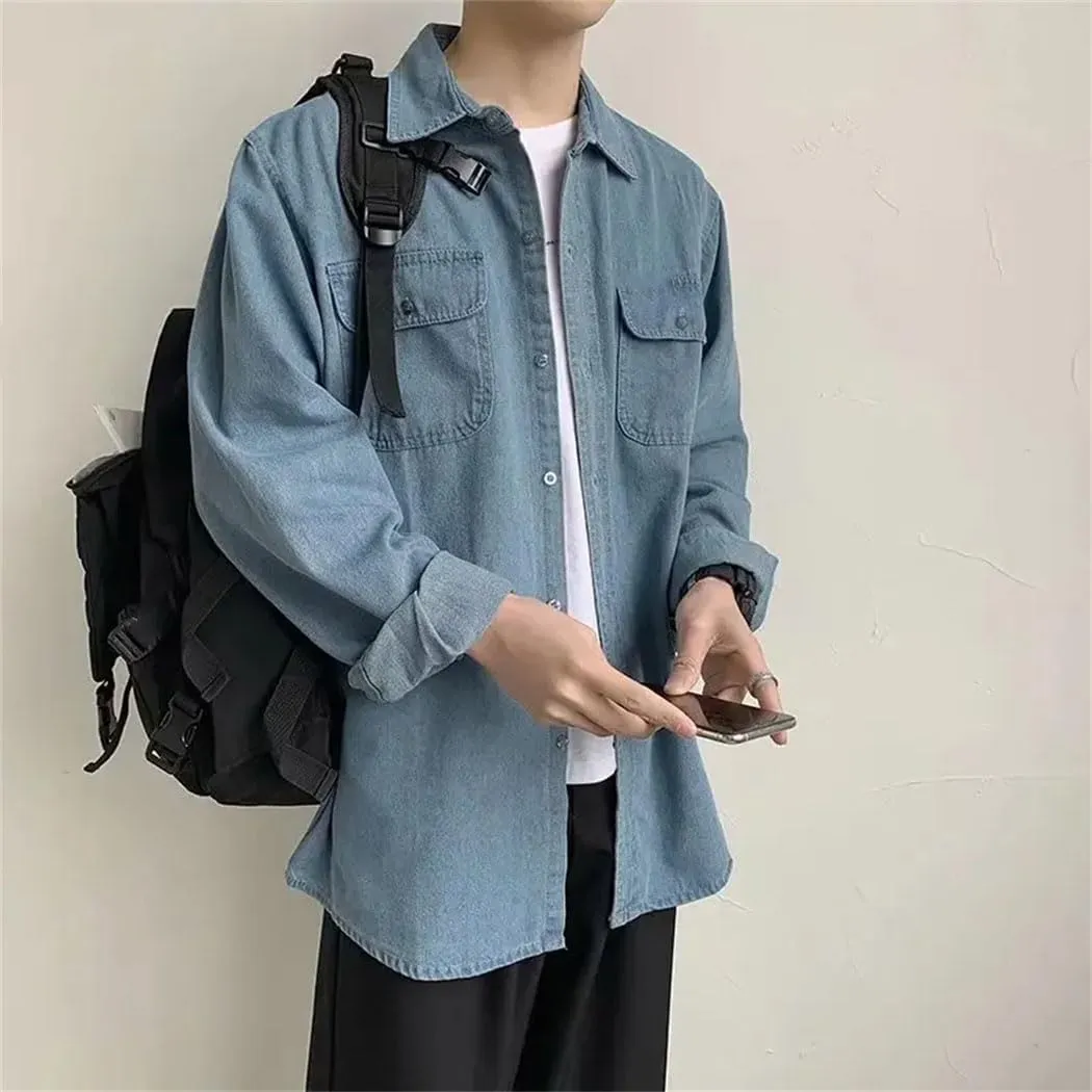 Mens Loose Casual Long Sleeve Denim Shirt Vintage Washed Office Work Button Down Jean Shirt