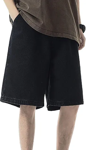 Men's Vintage Straight Jean Shorts Washed Short Pants with Pockets Casual Loose Denim Shorts Grey