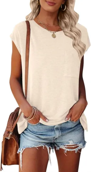 MEROKEETY Women's Casual Cap Sleeve T Shirts Basic Summer Tops Loose Solid Color Blouse