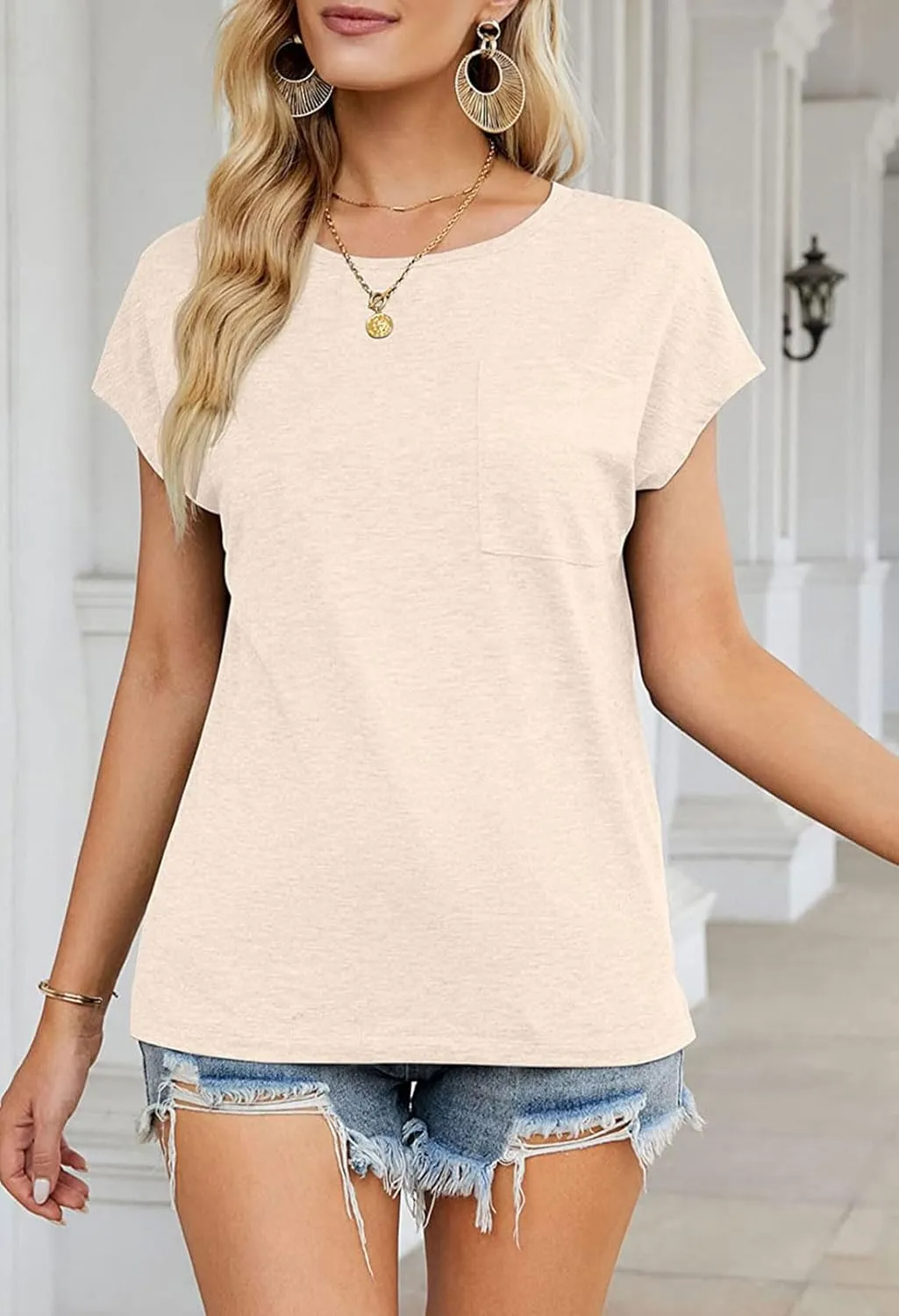 MEROKEETY Women's Casual Cap Sleeve T Shirts Basic Summer Tops Loose Solid Color Blouse