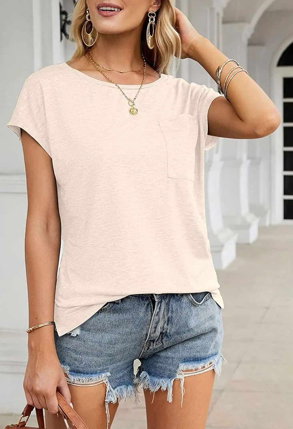 MEROKEETY Women's Casual Cap Sleeve T Shirts Basic Summer Tops Loose Solid Color Blouse