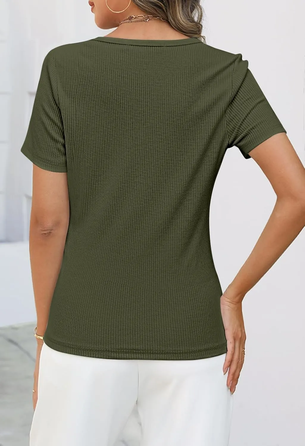 MEROKEETY Women's Summer Short Sleeve V Neck T Shirts Casual Ribbed Button Henley Knit Tops Blouse