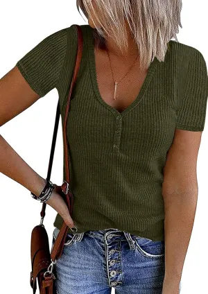 MEROKEETY Women's Summer Short Sleeve V Neck T Shirts Casual Ribbed Button Henley Knit Tops Blouse