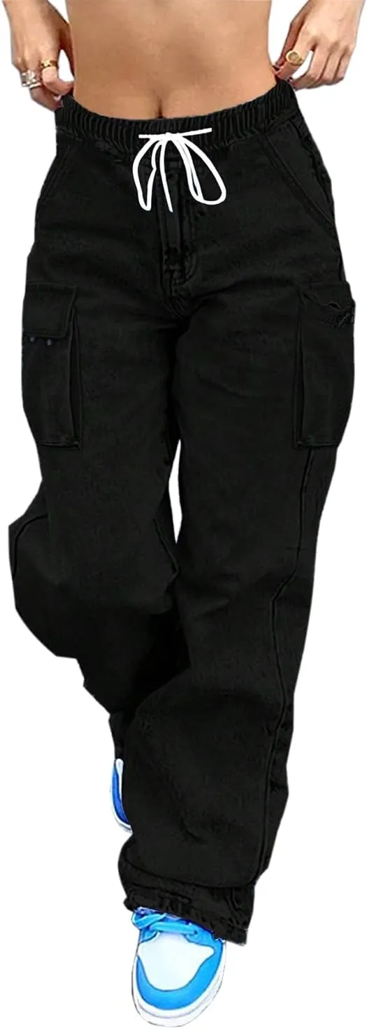Mid Rise Cargo Jeans Women Elastic Waist Stretch Wide Leg Denim Pants with Pockets Baggy Streetwear Pants y2k