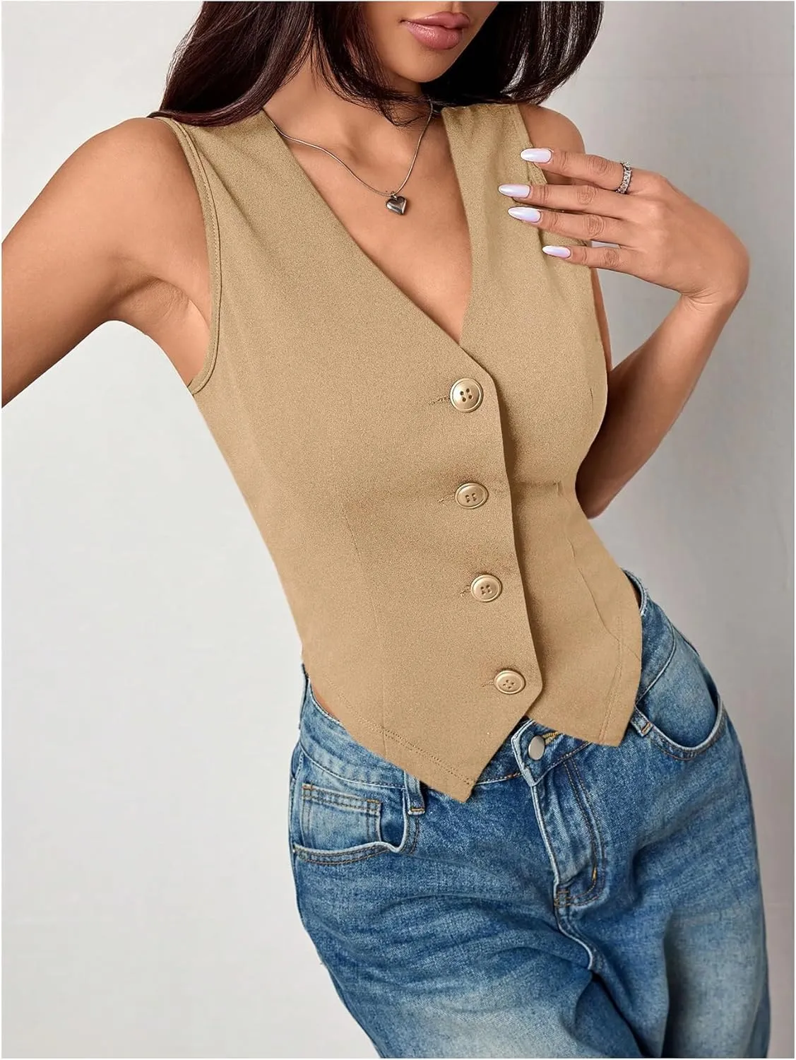 Milumia Women's Button Front Blazer Vest Sleeveless V Neck Asymmetrical Hem Tank Tops