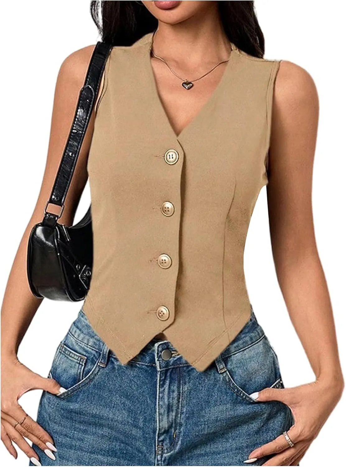 Milumia Women's Button Front Blazer Vest Sleeveless V Neck Asymmetrical Hem Tank Tops