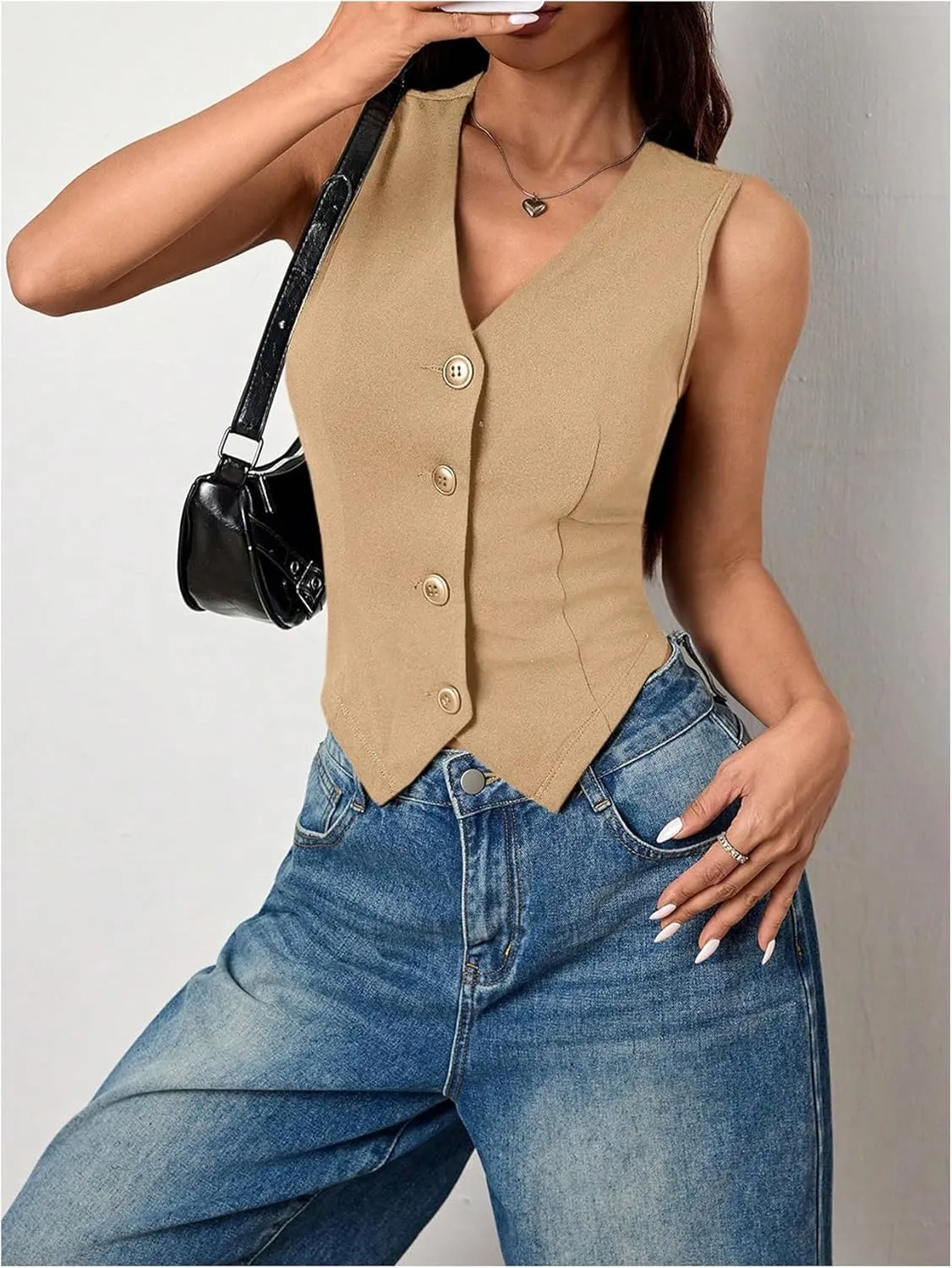 Milumia Women's Button Front Blazer Vest Sleeveless V Neck Asymmetrical Hem Tank Tops