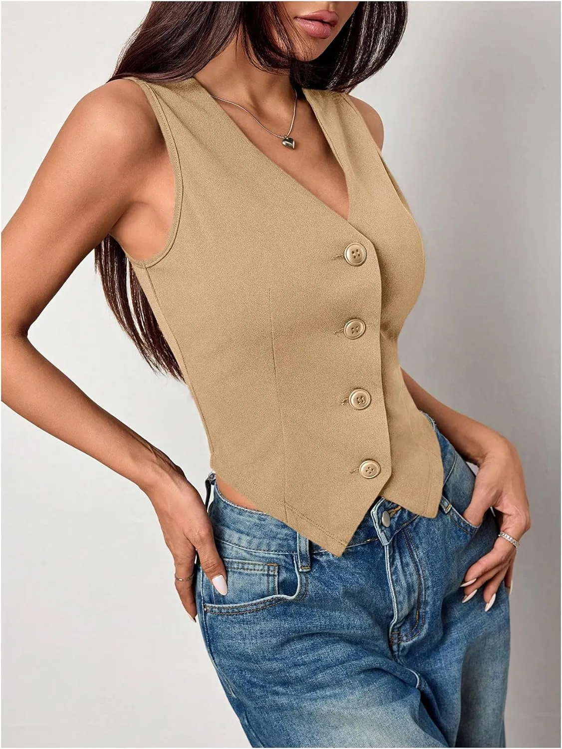 Milumia Women's Button Front Blazer Vest Sleeveless V Neck Asymmetrical Hem Tank Tops