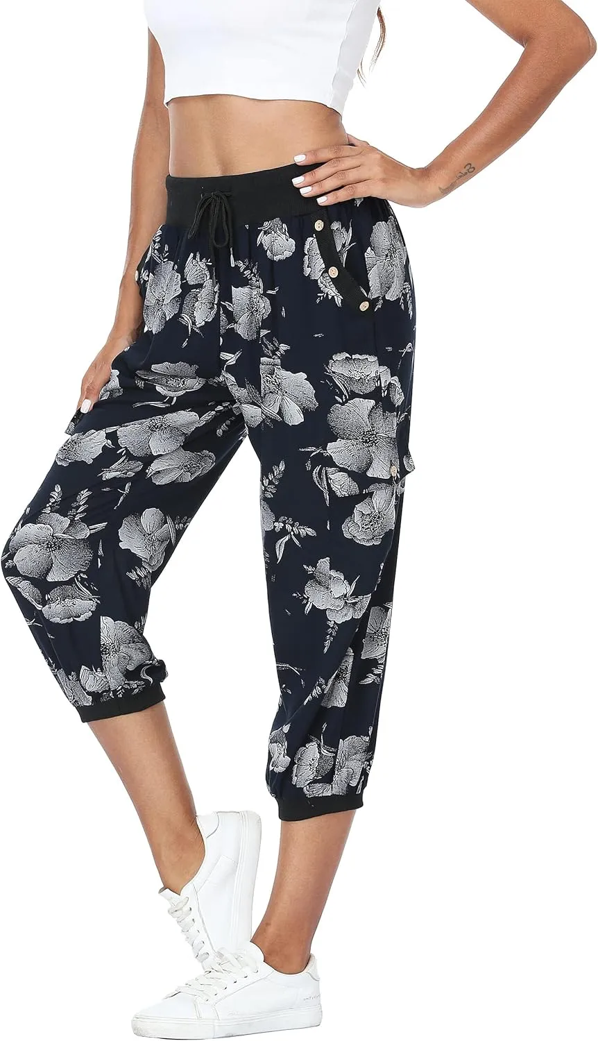 MISS MOLY Women's Cargo Capris Travel Pants Button Decor Summer Loose Harem Sweatpants Stylish Soft with Pockets