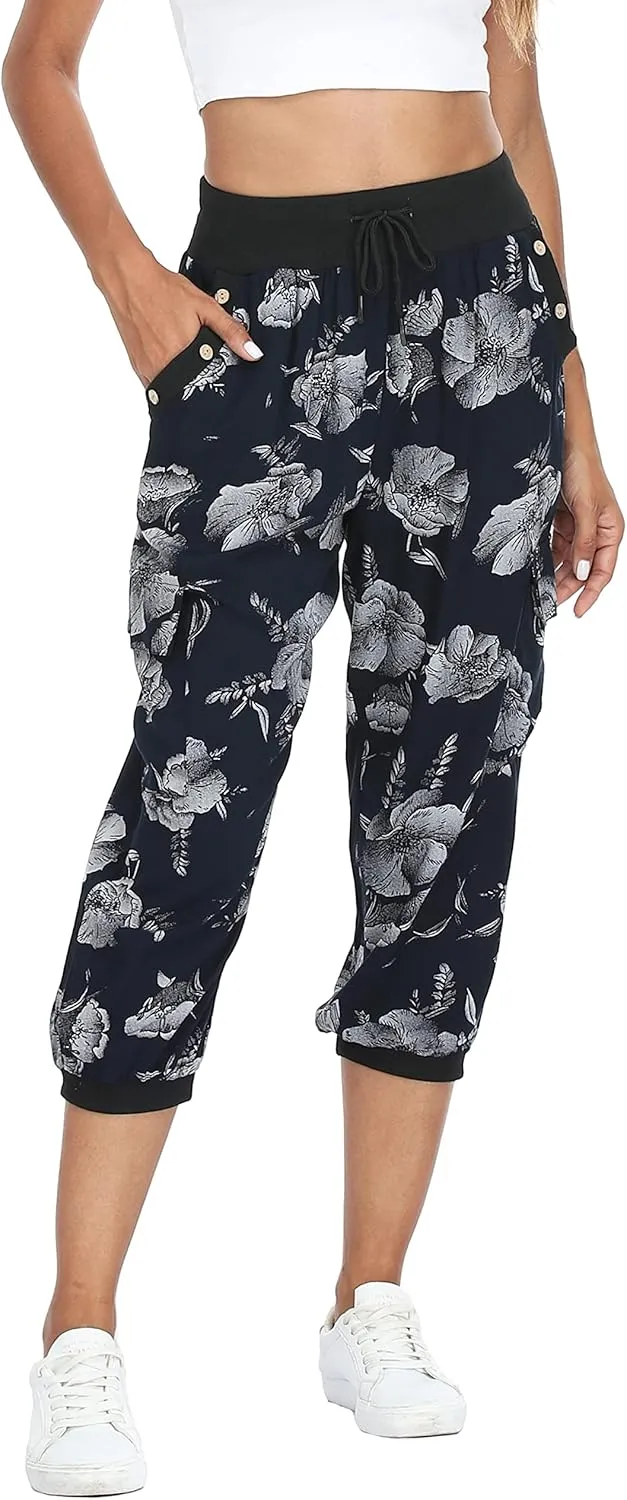 MISS MOLY Women's Cargo Capris Travel Pants Button Decor Summer Loose Harem Sweatpants Stylish Soft with Pockets