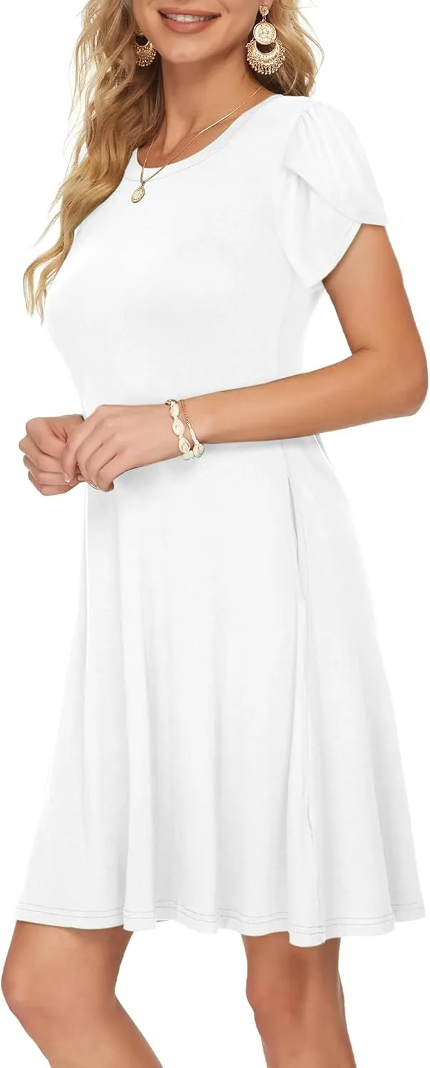 MOLERANI Summer Dresses for Women 2024 Casual T Shirt Crewneck Petal Sleeve Swing Vacation Dress with Pockets