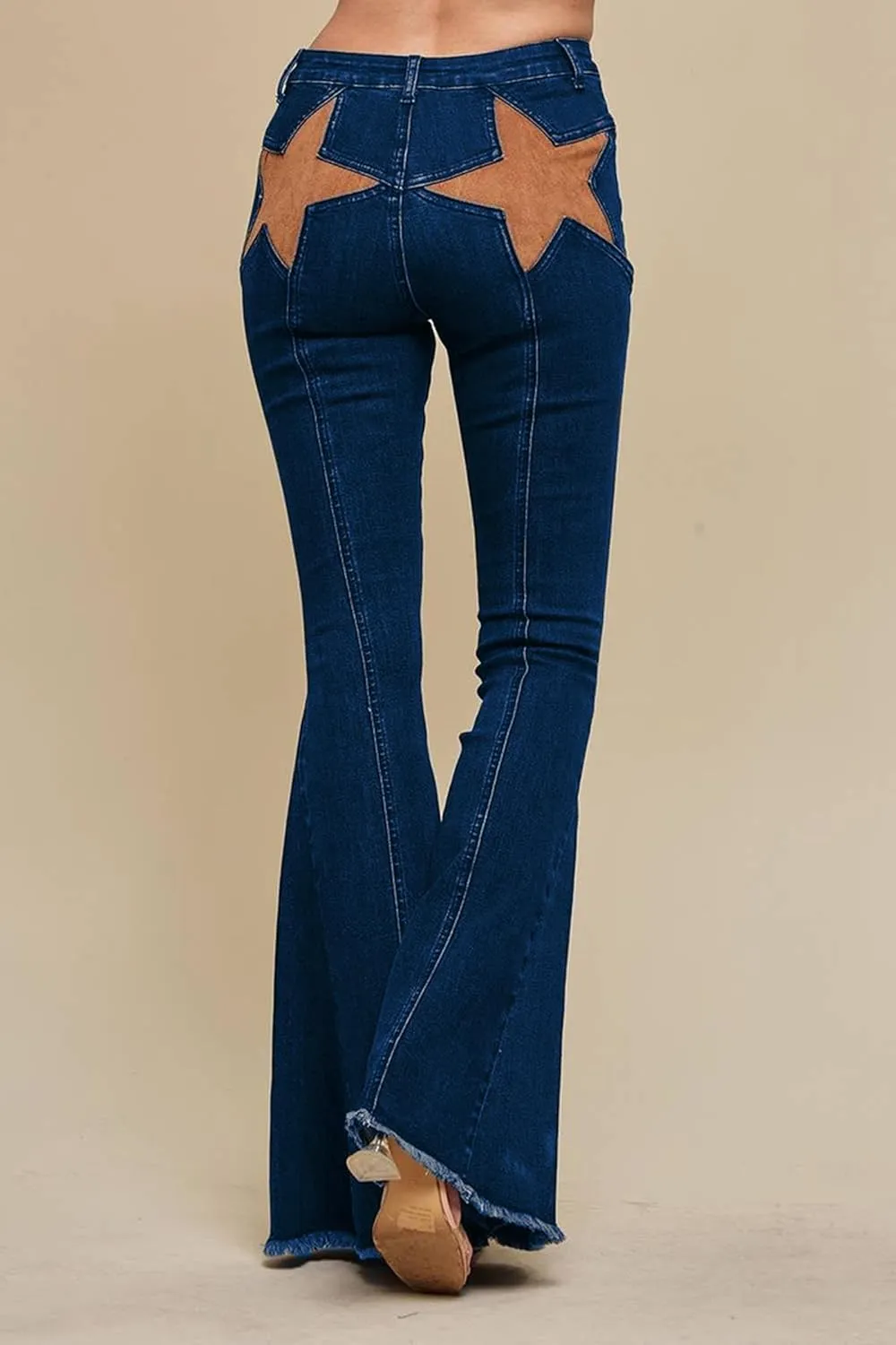 Mxiqqpltky Star Patchwork Bell Bottom Jeans for Women Mid Waist Bootcut Flare Jeans Stretch Straight Leg Skinny Denim Pants