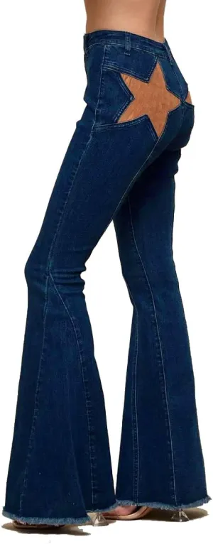 Mxiqqpltky Star Patchwork Bell Bottom Jeans for Women Mid Waist Bootcut Flare Jeans Stretch Straight Leg Skinny Denim Pants