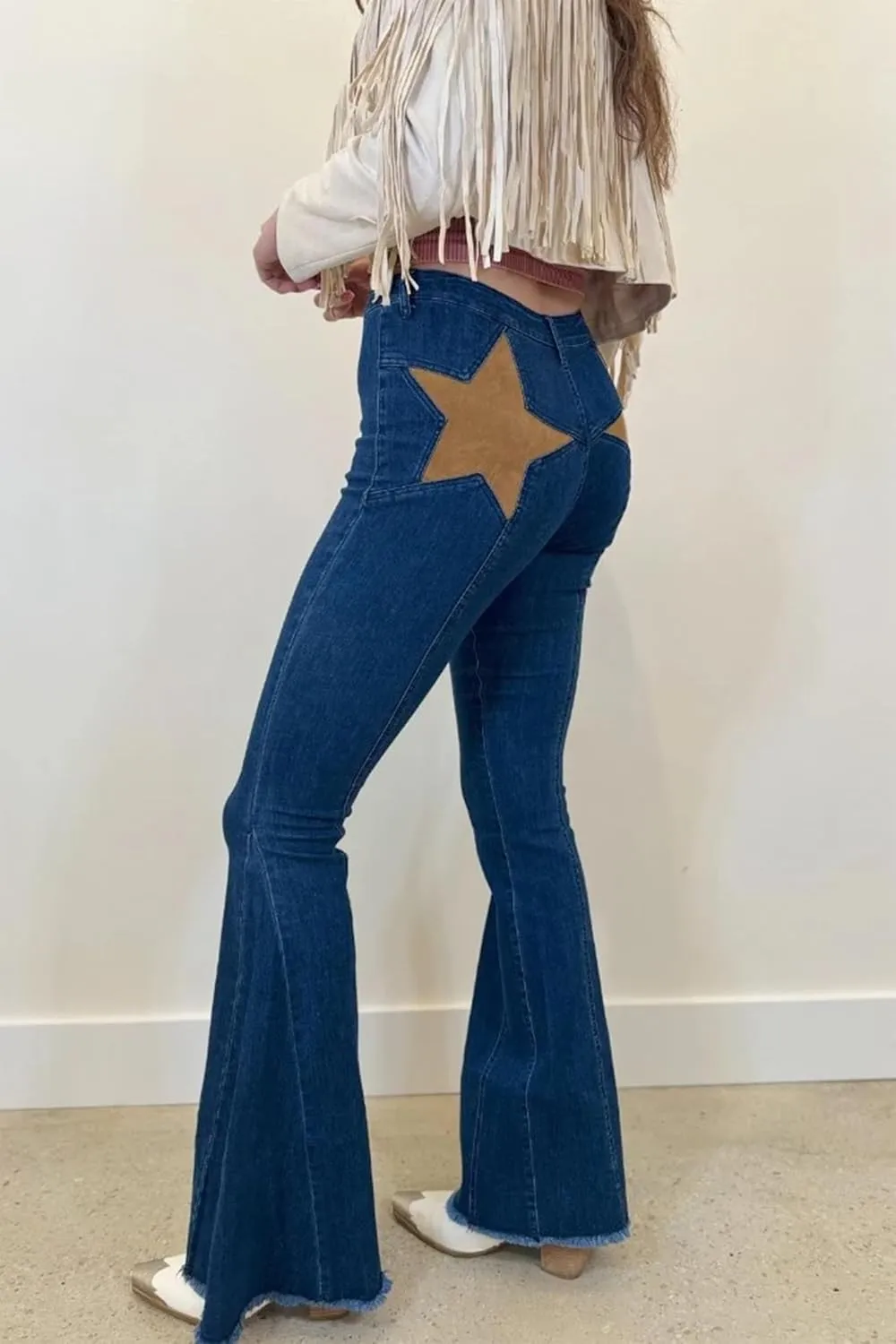 Mxiqqpltky Star Patchwork Bell Bottom Jeans for Women Mid Waist Bootcut Flare Jeans Stretch Straight Leg Skinny Denim Pants