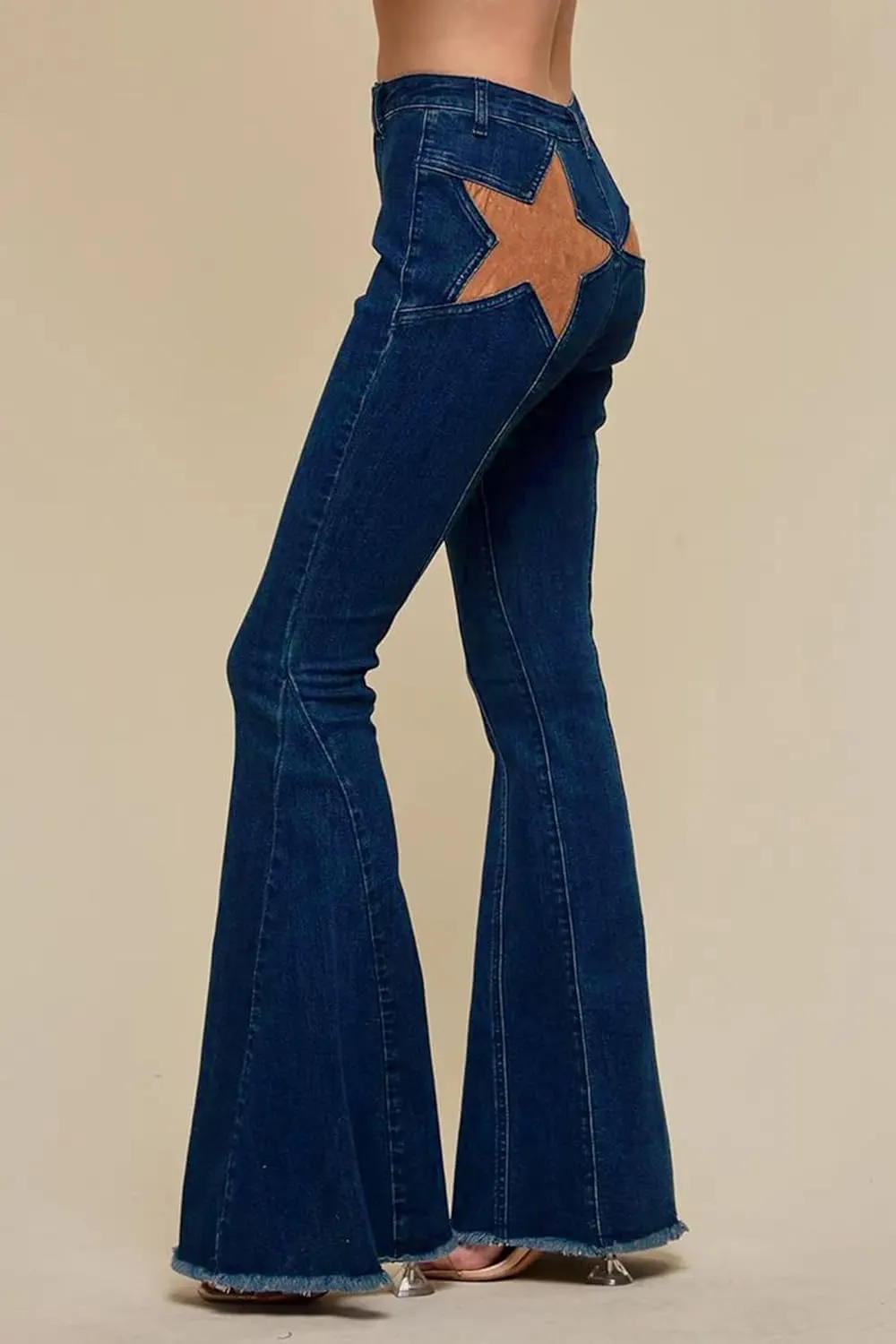 Mxiqqpltky Star Patchwork Bell Bottom Jeans for Women Mid Waist Bootcut Flare Jeans Stretch Straight Leg Skinny Denim Pants