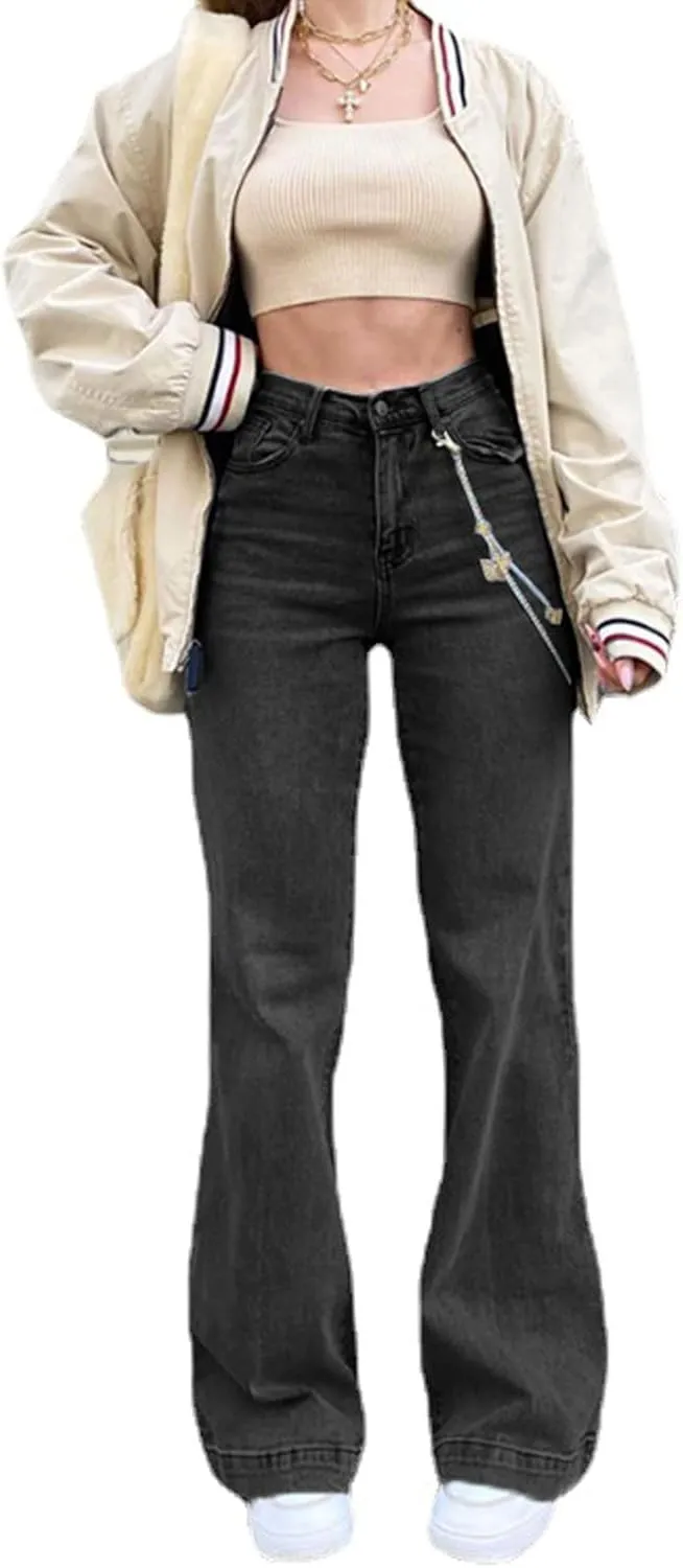 Mxiqqpltky Women's Bootcut Flare Jeans Mid Waist Stretch Straight Leg Skinny Bell Bottom Boyfriend Denim Pants Y2K Streetwear
