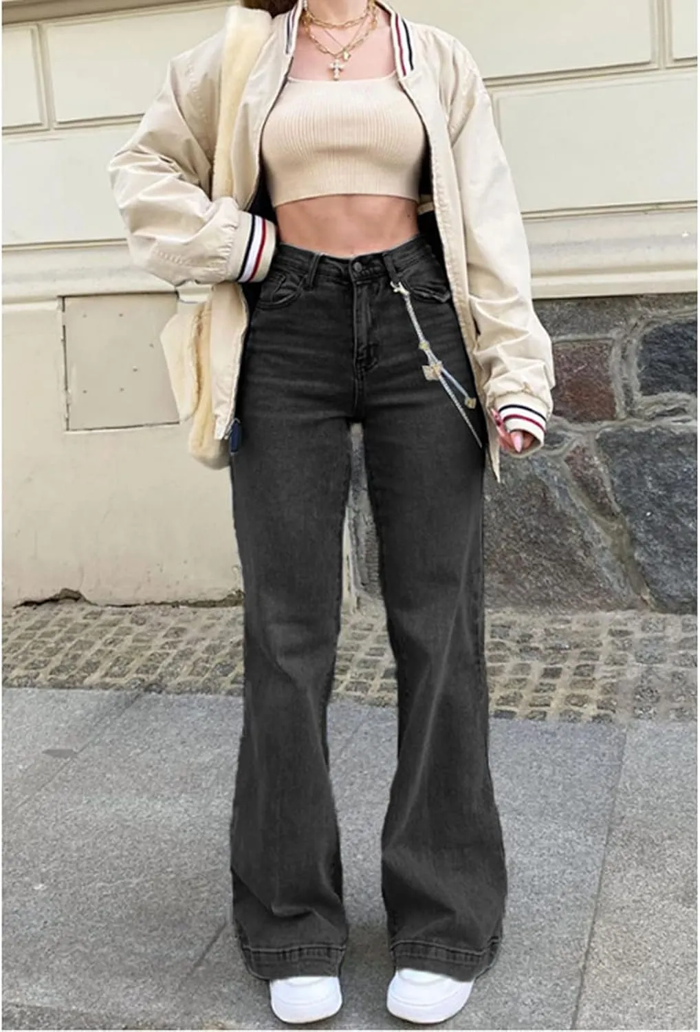 Mxiqqpltky Women's Bootcut Flare Jeans Mid Waist Stretch Straight Leg Skinny Bell Bottom Boyfriend Denim Pants Y2K Streetwear