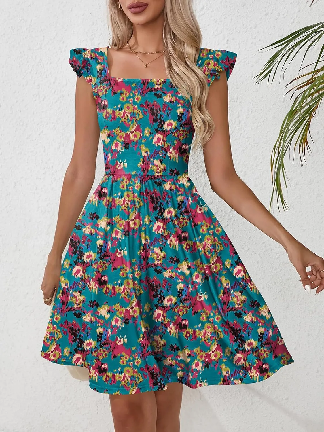 Naggoo Women's Summer Dresses Casual Square Neck Floral Sundress with Pockets A Line Flowy Beach Dress