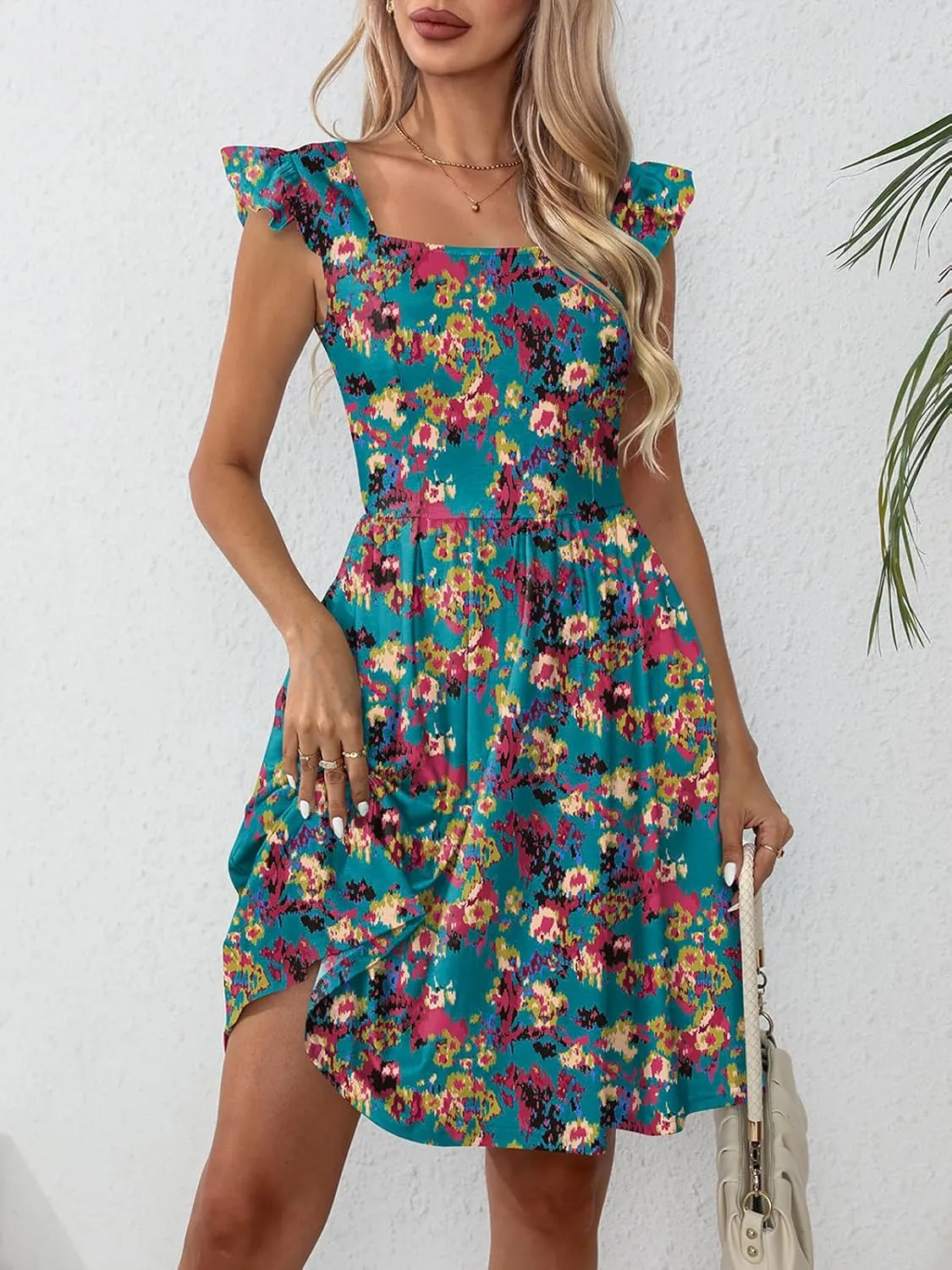 Naggoo Women's Summer Dresses Casual Square Neck Floral Sundress with Pockets A Line Flowy Beach Dress