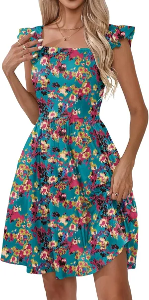 Naggoo Women's Summer Dresses Casual Square Neck Floral Sundress with Pockets A Line Flowy Beach Dress