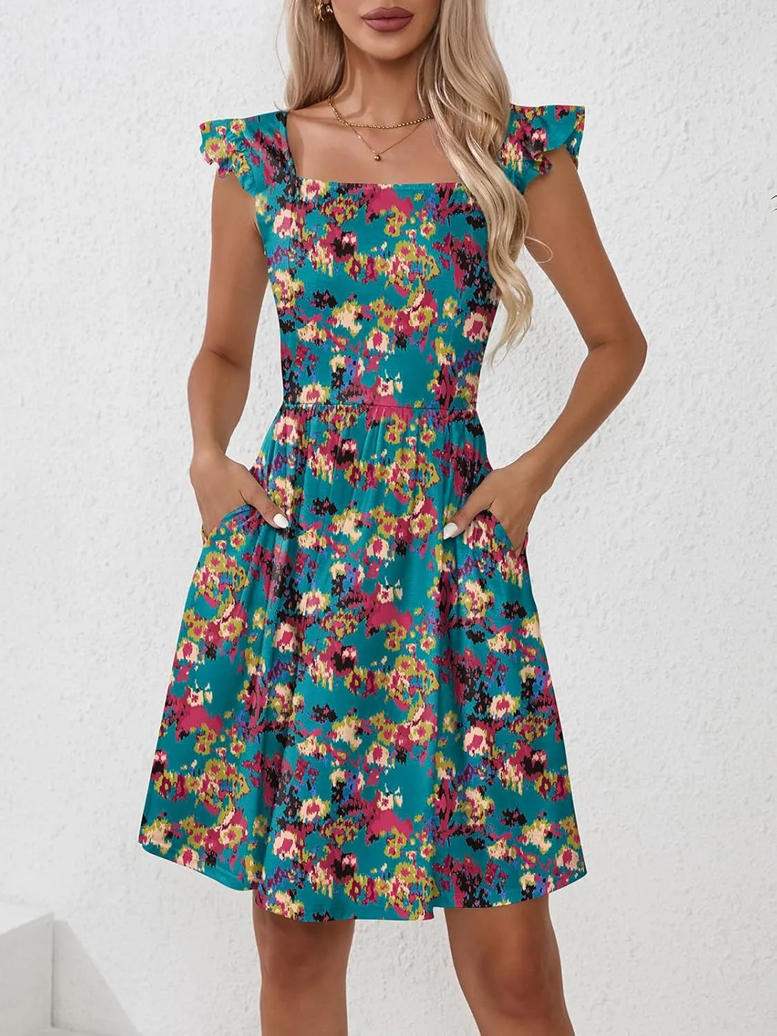 Naggoo Women's Summer Dresses Casual Square Neck Floral Sundress with Pockets A Line Flowy Beach Dress