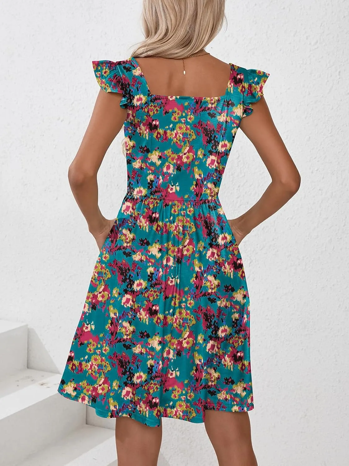 Naggoo Women's Summer Dresses Casual Square Neck Floral Sundress with Pockets A Line Flowy Beach Dress