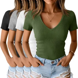 Neer 4 Pack Women's Cotton V Neck T-Shirts Short Sleeve Ribbed Slim Fit Tops Ladies' Casual Summer Basic Tee Multipack