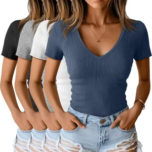 Neer 4 Pack Women's Cotton V Neck T-Shirts Short Sleeve Ribbed Slim Fit Tops Ladies' Casual Summer Basic Tee Multipack