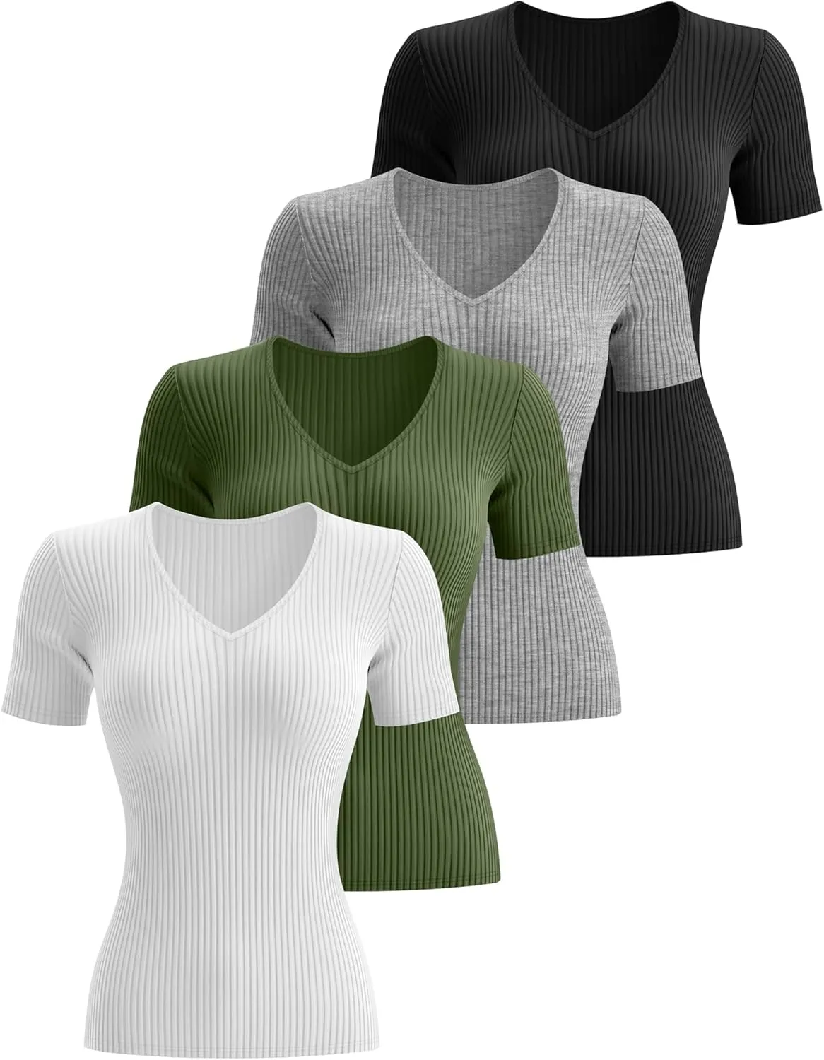 Neer 4 Pack Women's Cotton V Neck T-Shirts Short Sleeve Ribbed Slim Fit Tops Ladies' Casual Summer Basic Tee Multipack