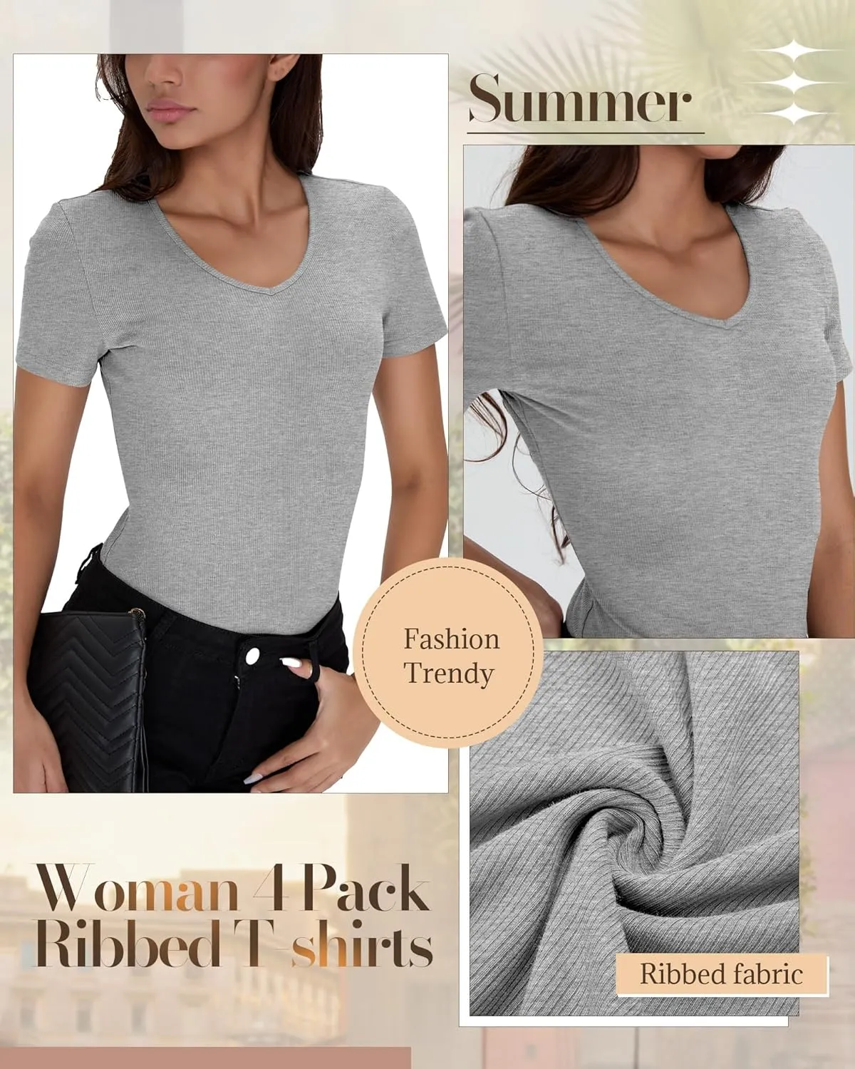 Neer 4 Pack Women's Cotton V Neck T-Shirts Short Sleeve Ribbed Slim Fit Tops Ladies' Casual Summer Basic Tee Multipack