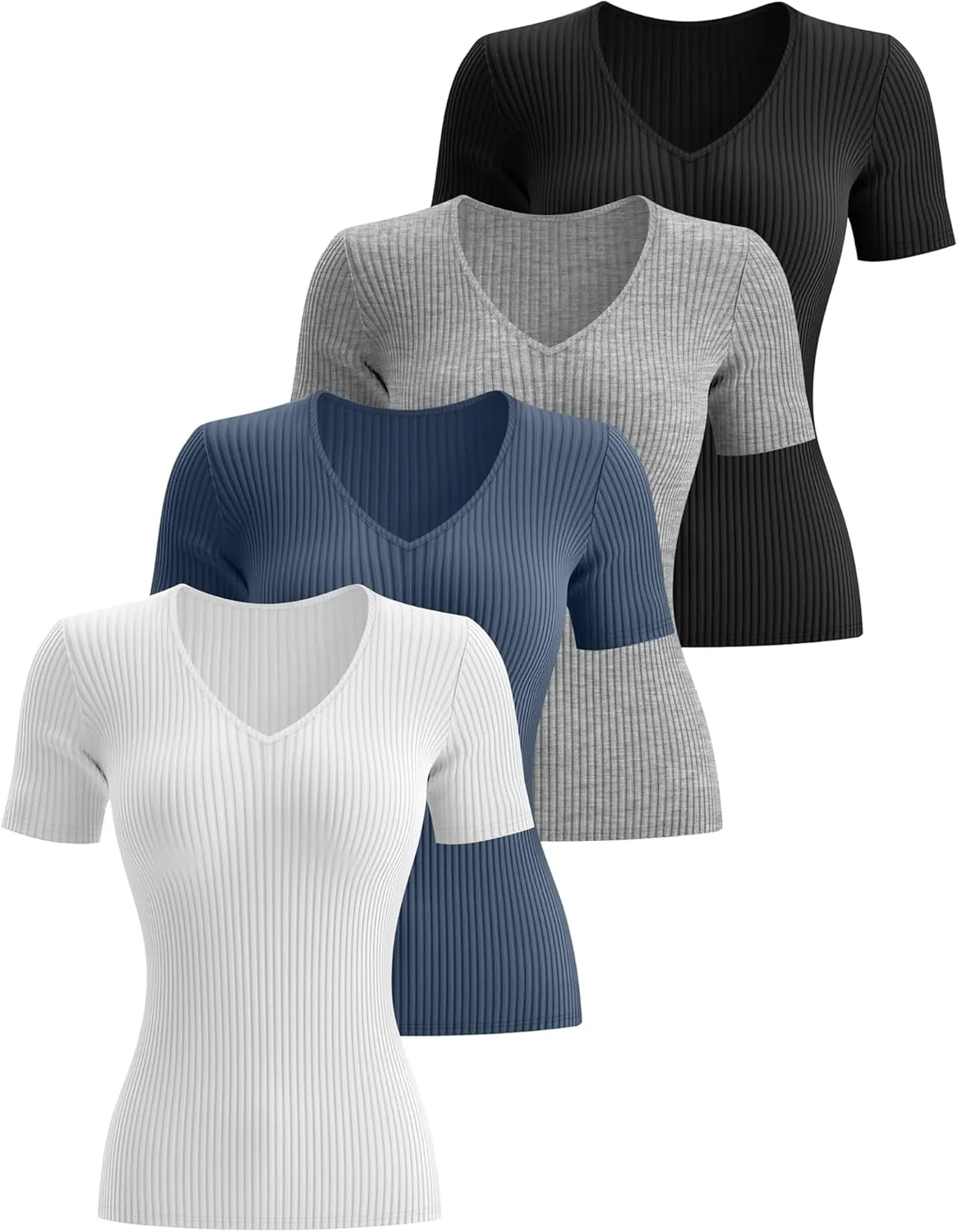Neer 4 Pack Women's Cotton V Neck T-Shirts Short Sleeve Ribbed Slim Fit Tops Ladies' Casual Summer Basic Tee Multipack