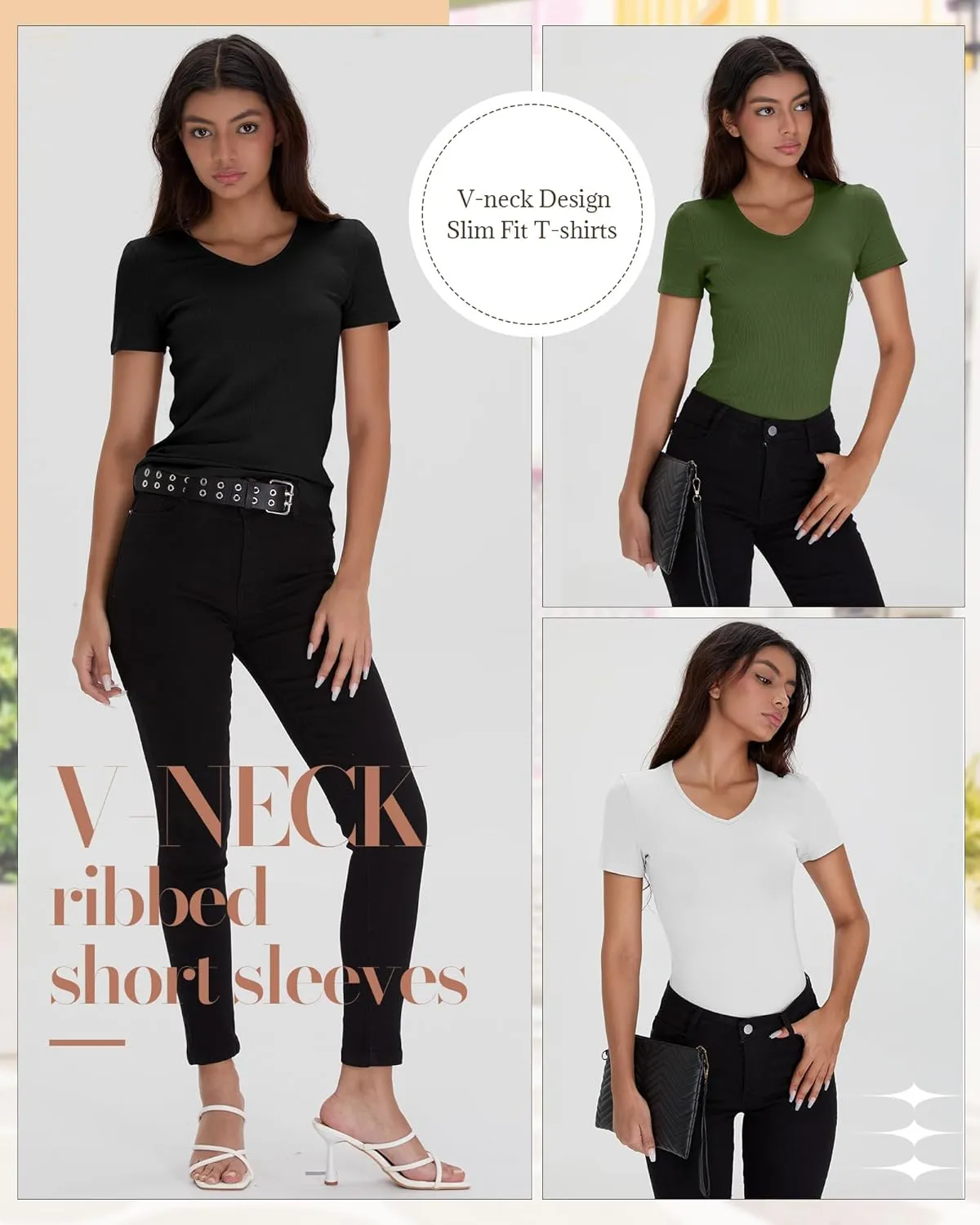 Neer 4 Pack Women's Cotton V Neck T-Shirts Short Sleeve Ribbed Slim Fit Tops Ladies' Casual Summer Basic Tee Multipack