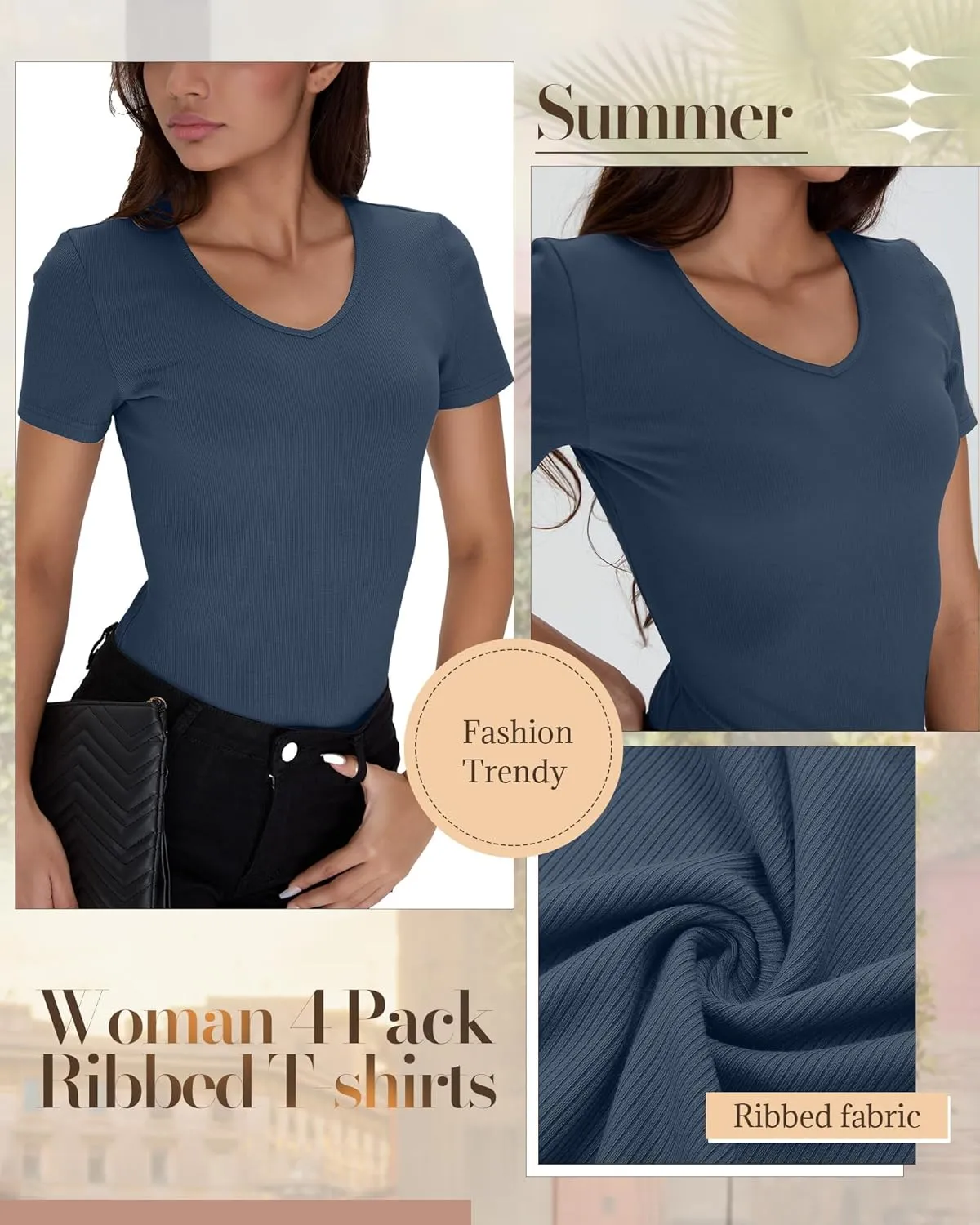 Neer 4 Pack Women's Cotton V Neck T-Shirts Short Sleeve Ribbed Slim Fit Tops Ladies' Casual Summer Basic Tee Multipack