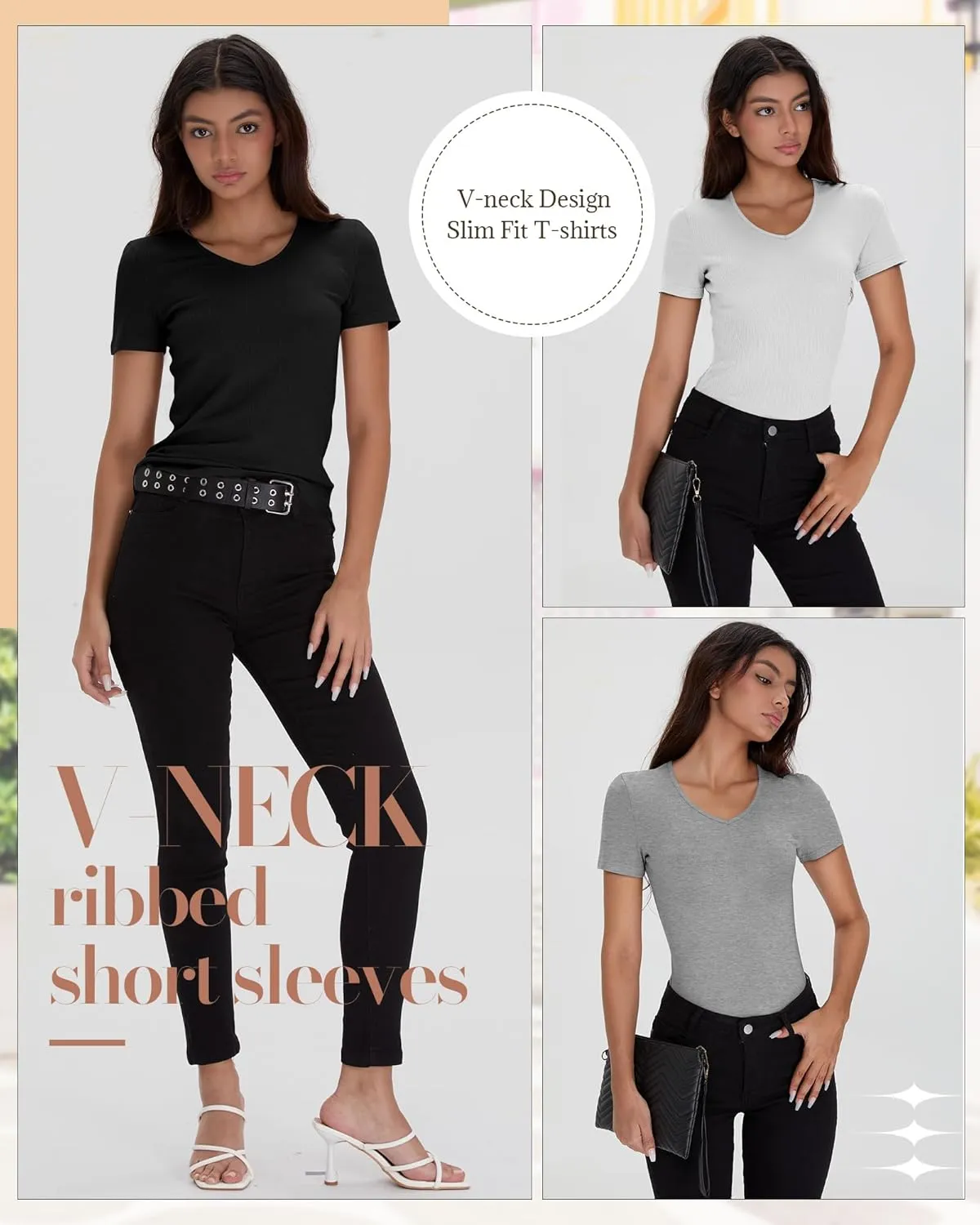 Neer 4 Pack Women's Cotton V Neck T-Shirts Short Sleeve Ribbed Slim Fit Tops Ladies' Casual Summer Basic Tee Multipack
