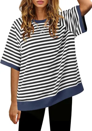 Nirovien Womens Striped Short Sleeve Tshirt Oversized Crewneck Shirt Color Block Tee Shirts Summer Tunic Tops