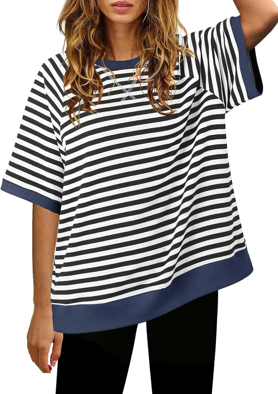 Nirovien Womens Striped Short Sleeve Tshirt Oversized Crewneck Shirt Color Block Tee Shirts Summer Tunic Tops