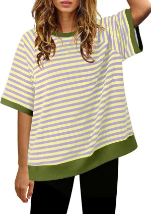 Nirovien Womens Striped Short Sleeve Tshirt Oversized Crewneck Shirt Color Block Tee Shirts Summer Tunic Tops