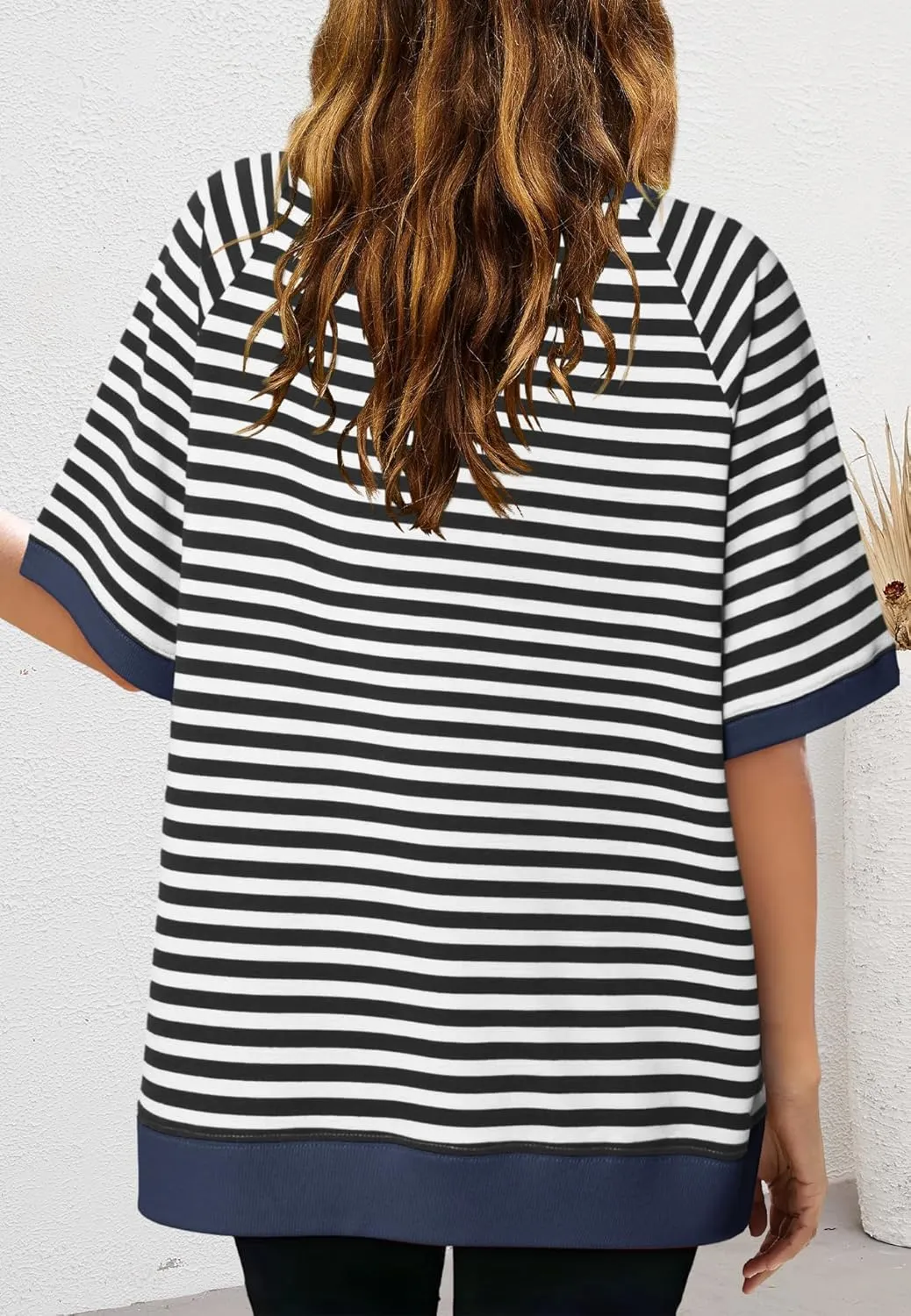 Nirovien Womens Striped Short Sleeve Tshirt Oversized Crewneck Shirt Color Block Tee Shirts Summer Tunic Tops