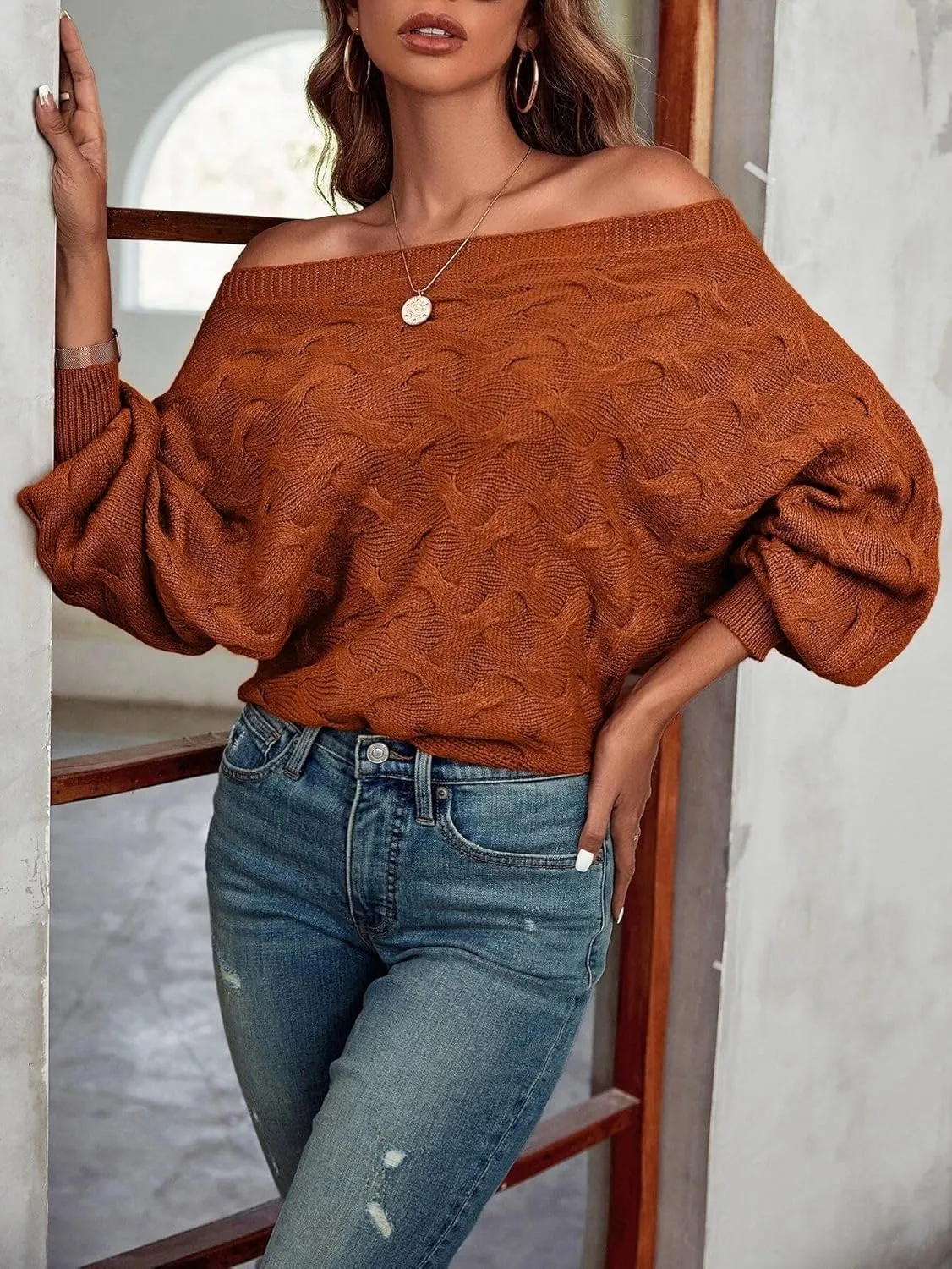 Off The Shoulder Tops for Women，Womens Batwing Sweater,Pullover,Knit Sweater for Women,Going Out Tops,Fall Sweater for Women