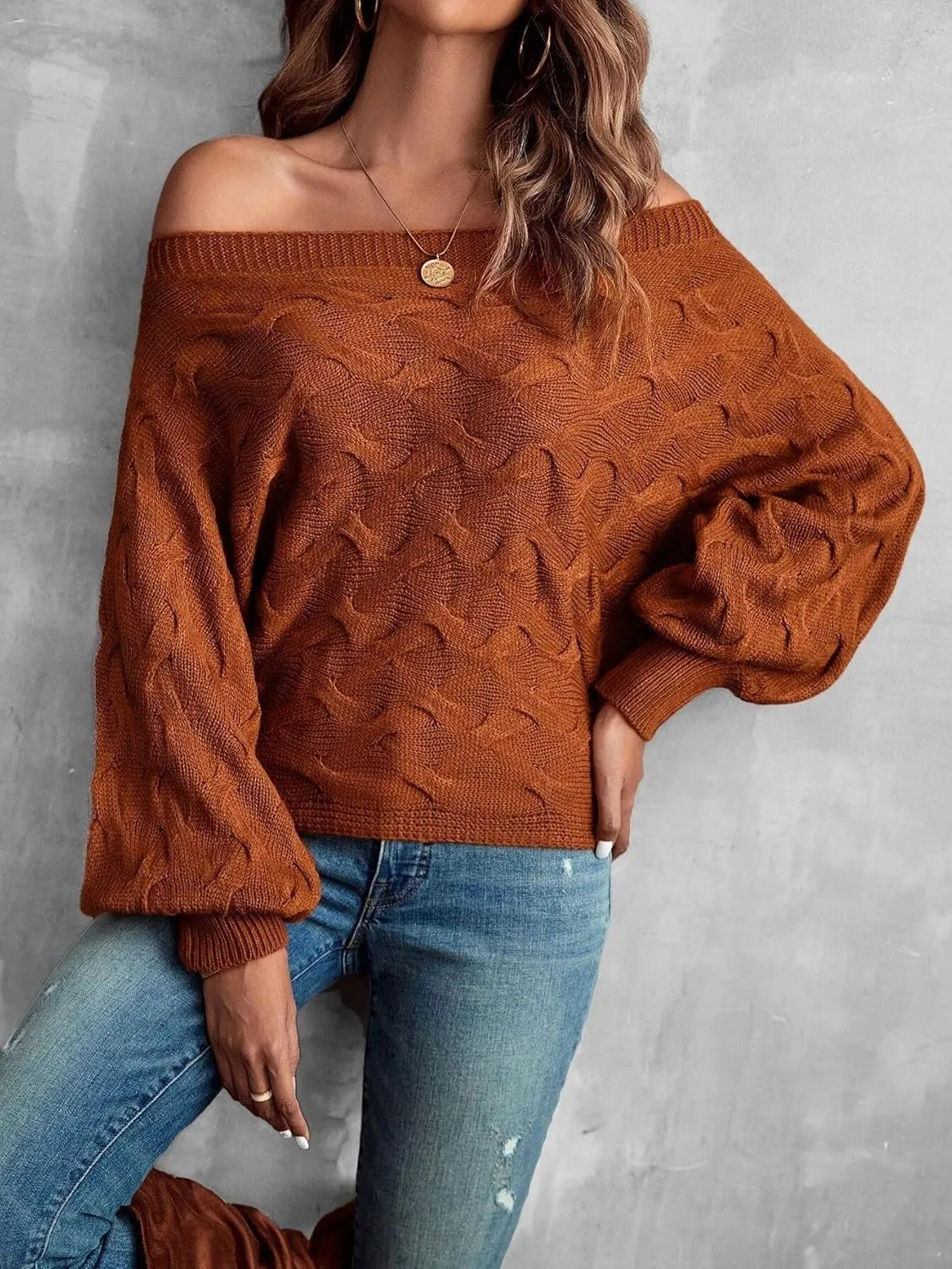 Off The Shoulder Tops for Women，Womens Batwing Sweater,Pullover,Knit Sweater for Women,Going Out Tops,Fall Sweater for Women
