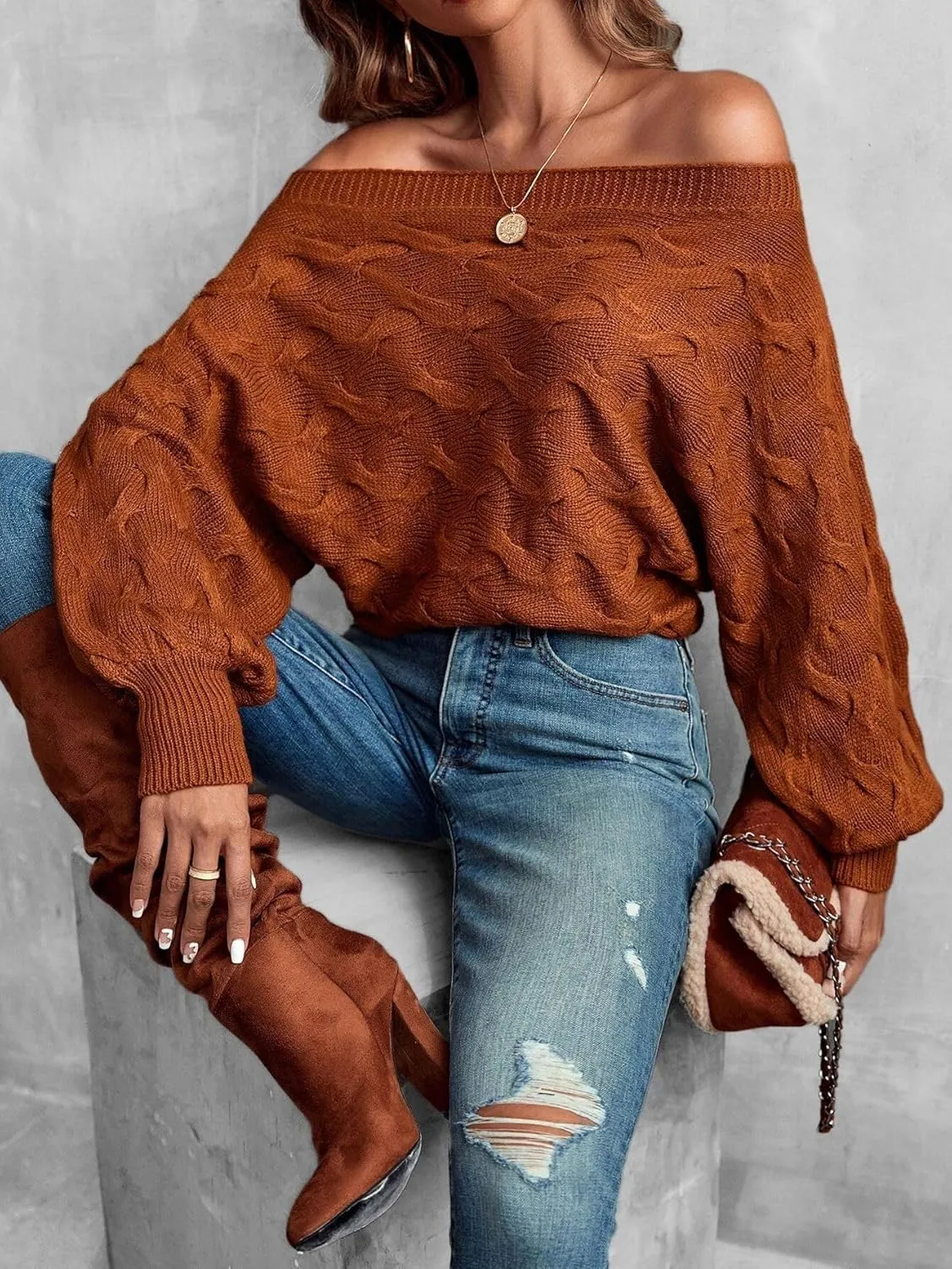 Off The Shoulder Tops for Women，Womens Batwing Sweater,Pullover,Knit Sweater for Women,Going Out Tops,Fall Sweater for Women