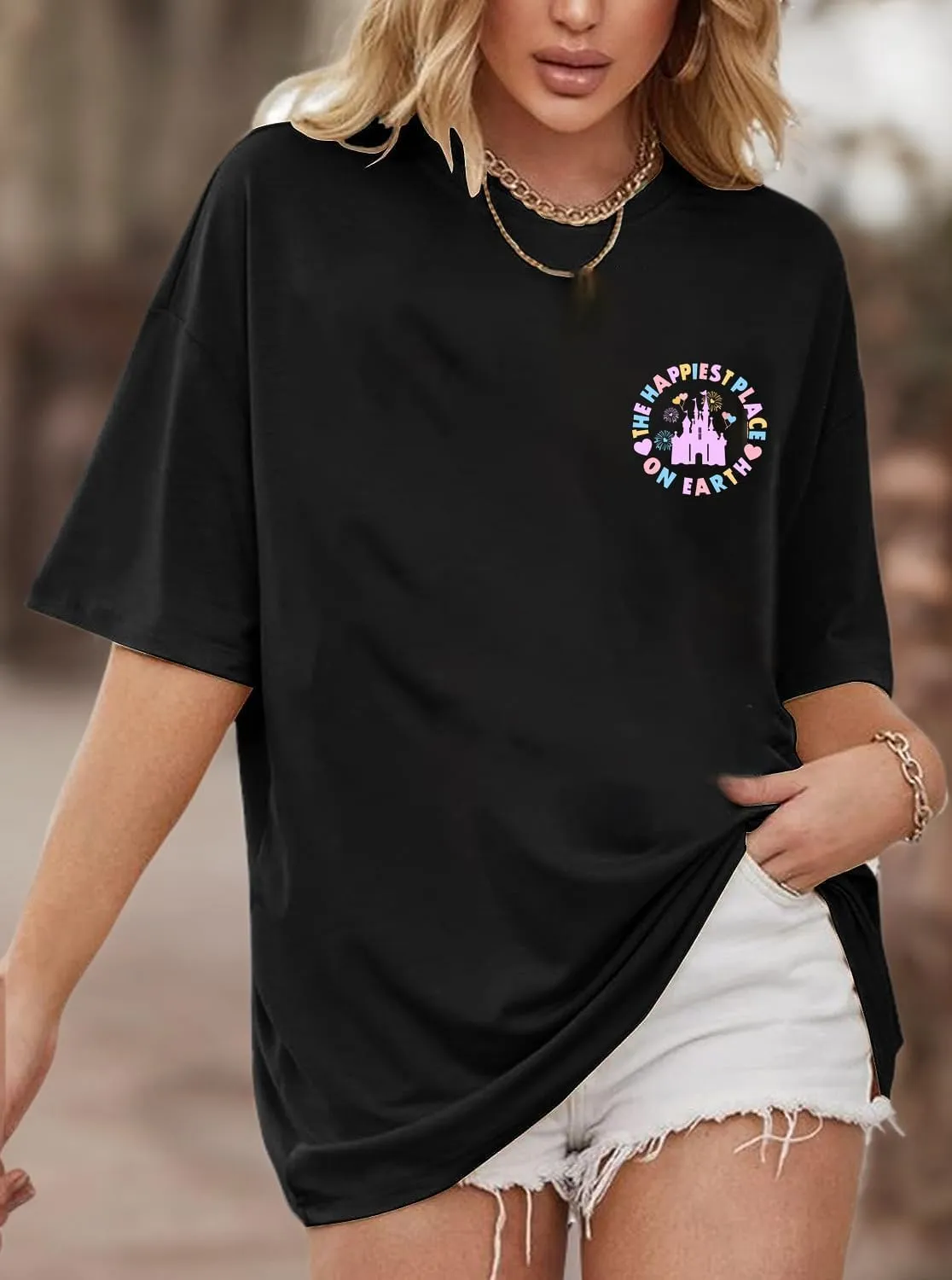Oversized Magical Shirts for Women Happiest Place On Earth Tshirts Cute Graphic Tees Summer Family Casual Tops
