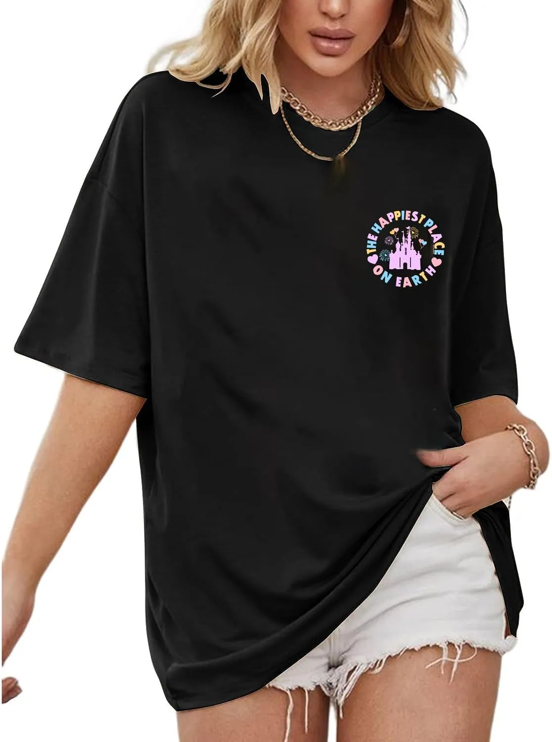 Oversized Magical Shirts for Women Happiest Place On Earth Tshirts Cute Graphic Tees Summer Family Casual Tops