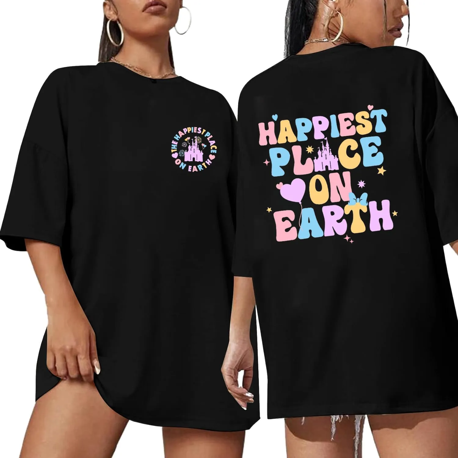 Oversized Magical Shirts for Women Happiest Place On Earth Tshirts Cute Graphic Tees Summer Family Casual Tops