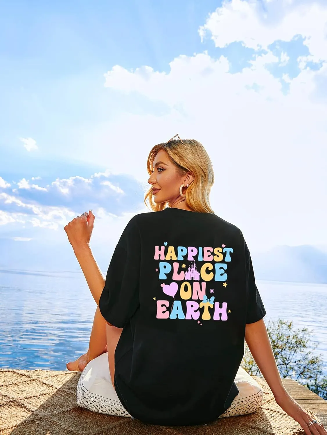 Oversized Magical Shirts for Women Happiest Place On Earth Tshirts Cute Graphic Tees Summer Family Casual Tops