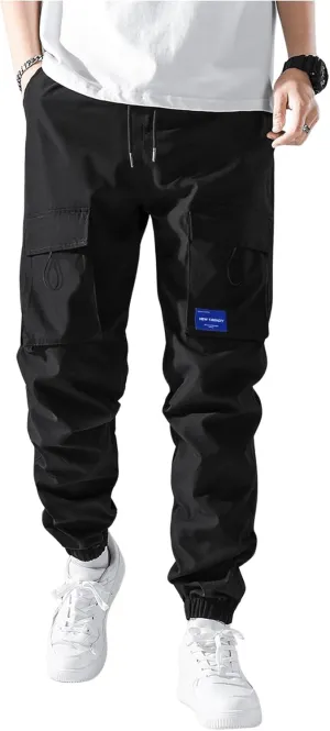 OYOANGLE Men's Drawstring Waist Sports Jogger Cargo Pants Outdoor Sweatpants with Pocket