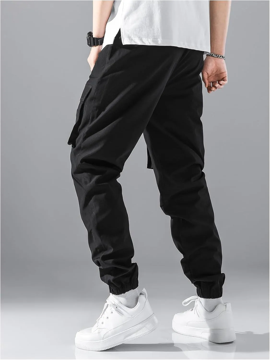 OYOANGLE Men's Drawstring Waist Sports Jogger Cargo Pants Outdoor Sweatpants with Pocket