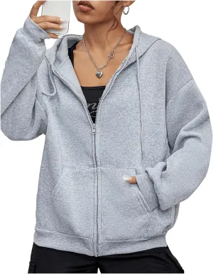OYOANGLE Women's Casual Zip Up Long Sleeve Pockets Hoodies Drawstring Loose Sweatshirt Jacket